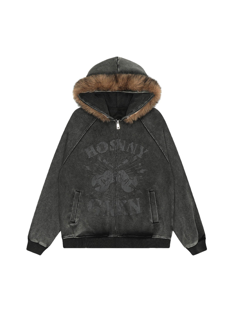 Washed Fur Collar Zip Up Hoodie