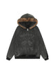 Washed Fur Collar Zip Up Hoodie