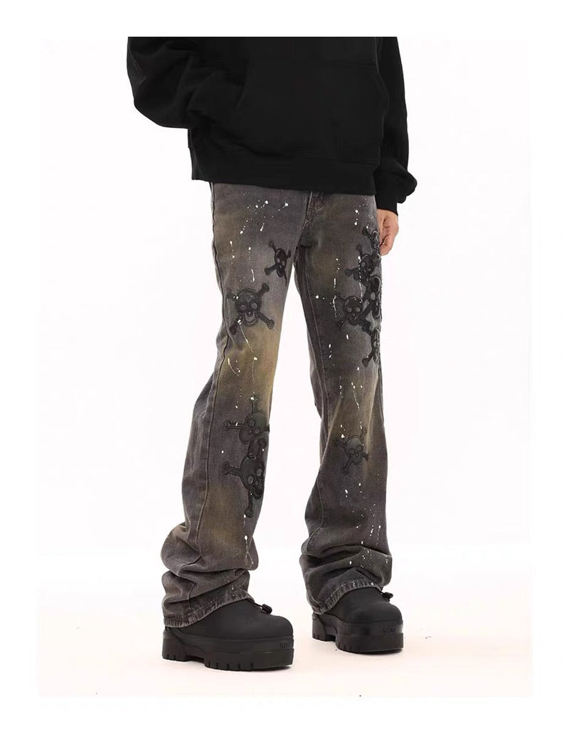 Leather Skull Splash Ink Micro-flared Jeans