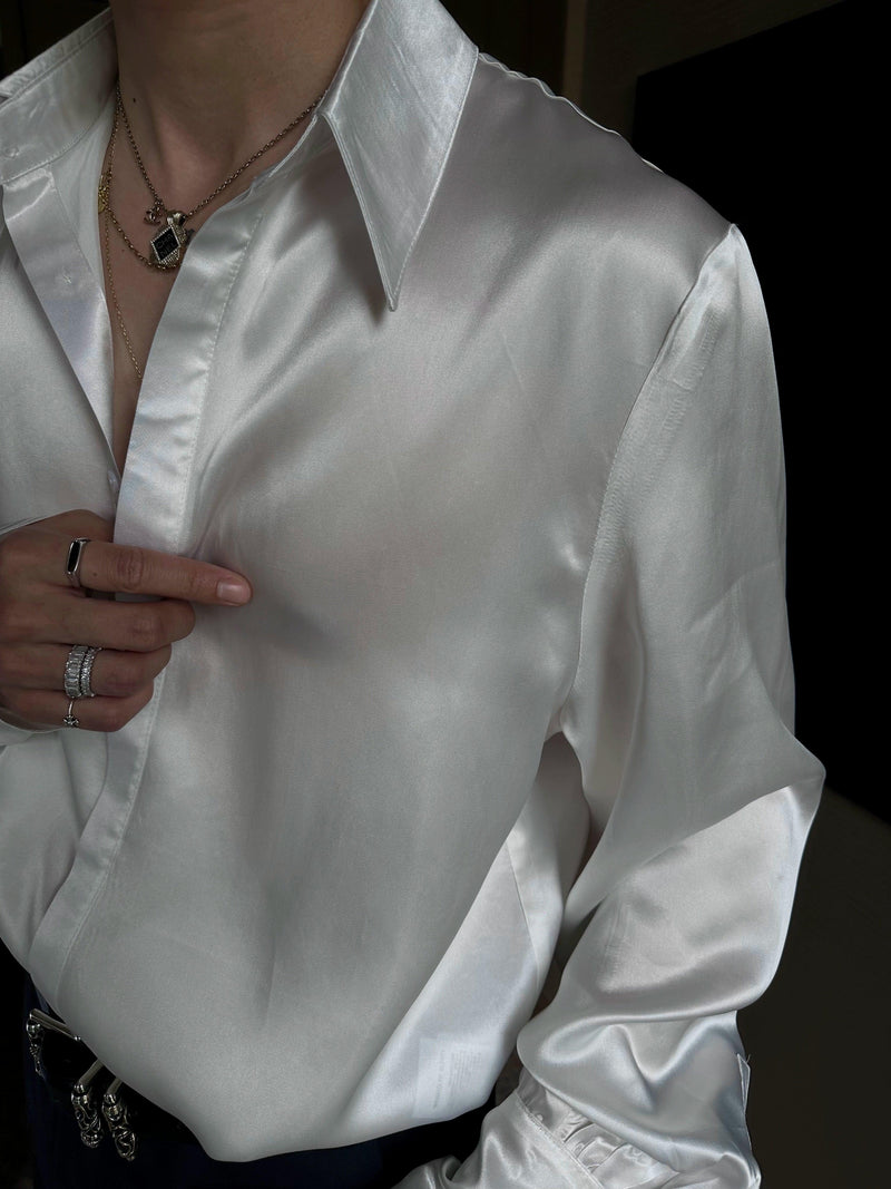 Weave Studio White Satin Button-Down Shirt - Oversized Long Sleeve