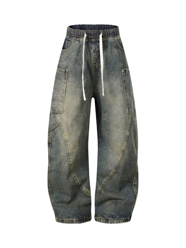 Washed Distressed Split Drawstring Barrel Jeans