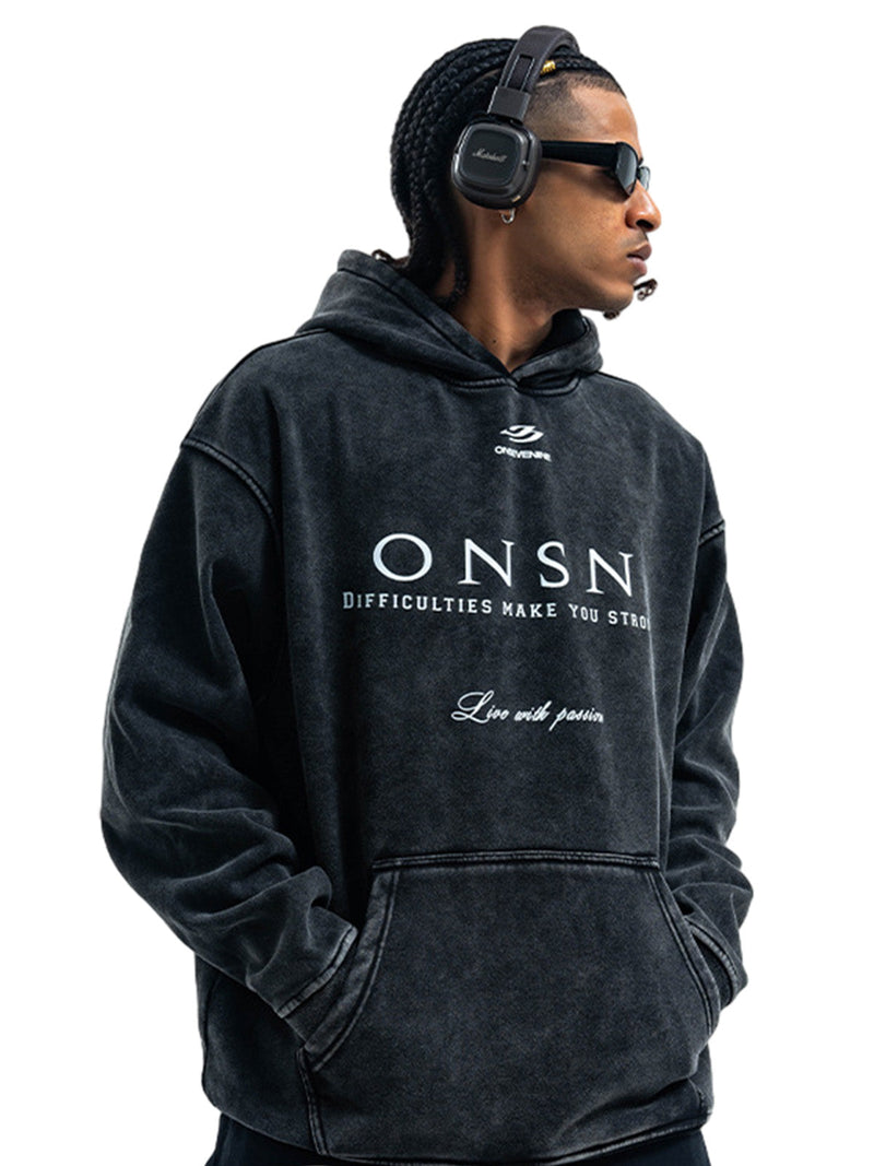 Heavy Washed Print Fleece Hoodie