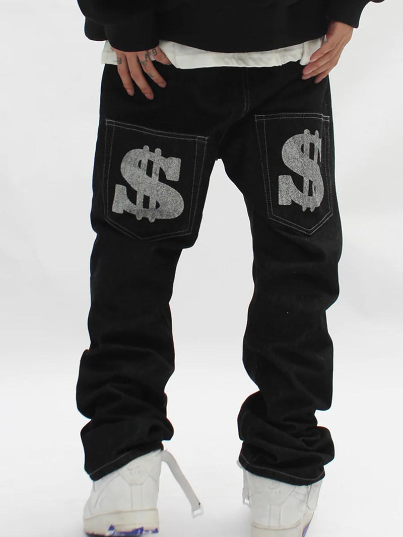 Letter Print Dollar Black Baggy Jeans