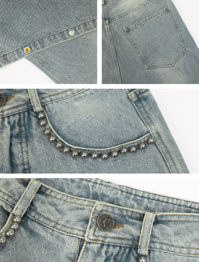 Light Wash Baggy Jeans with Beaded Pockets - chiclara