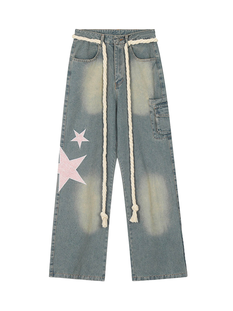 Pentagram Embroidered Loose Straight Leg Pants