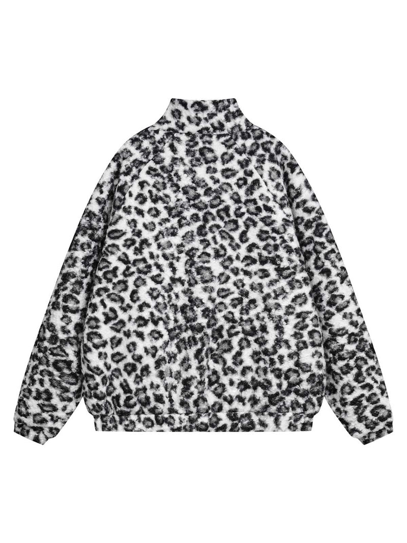 Stand Collar Cheetah Print Fleece Jacket