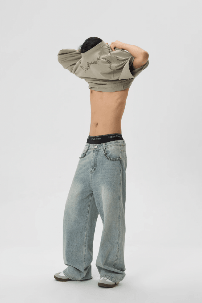 Light Wash Baggy Jeans with Beaded Pockets - chiclara