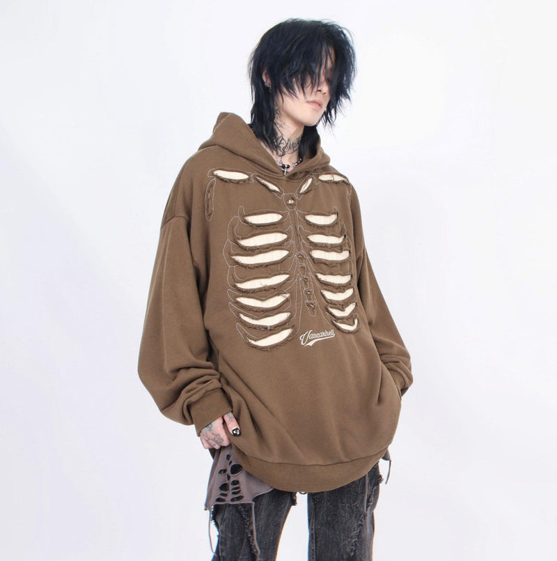 Distressed Skeleton Cutout Hoodie