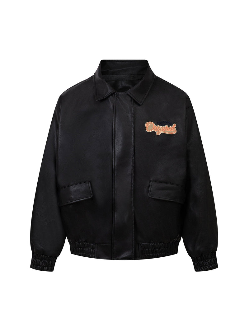 Lettering Embroidered Leather Bomber Jacket