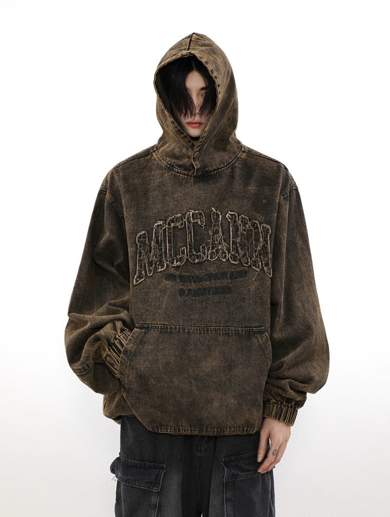 Distressed Logo Denim Hoodie - chiclara