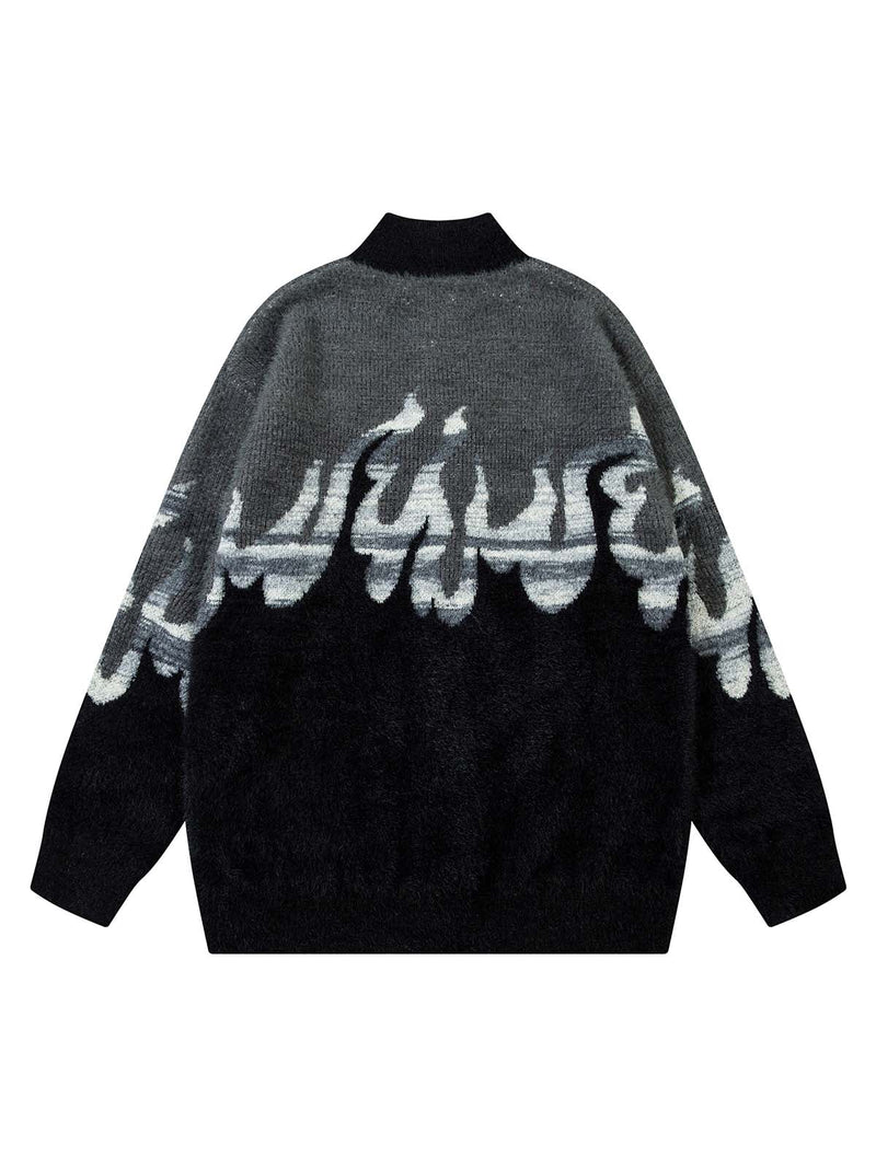 Flame Embroidery Fuzzy Zipper Sweater