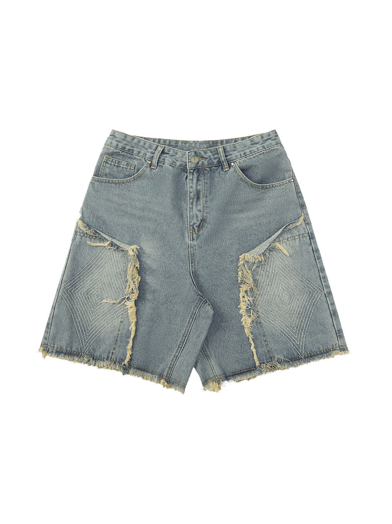 Retro Stitching Diamonds Embroidery Shorts