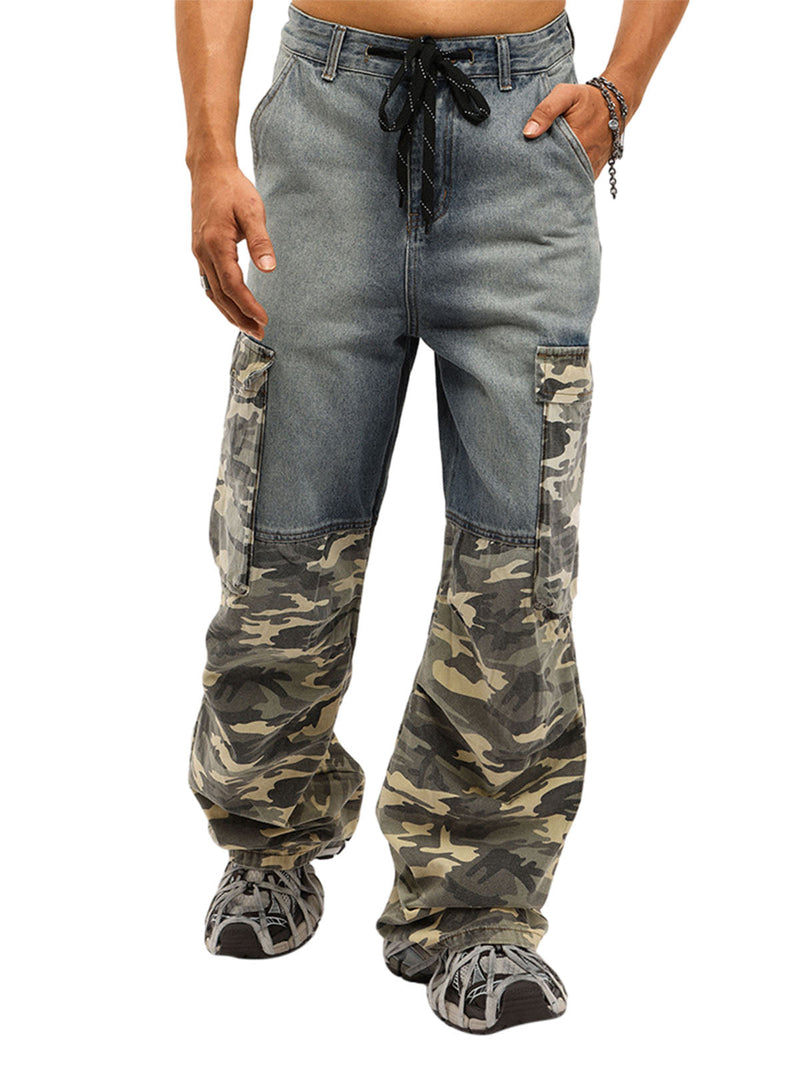 Drawstring Washed Camouflage Cargo Jeans