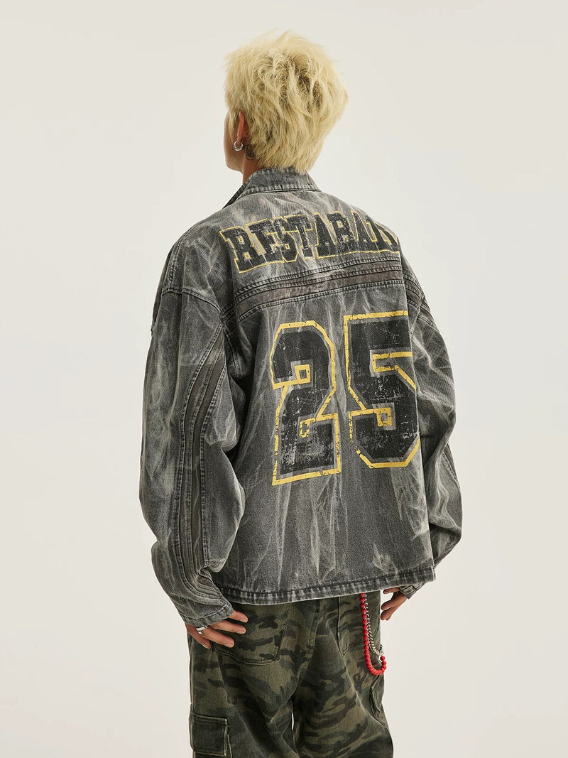 Hip-hop Distressed Washed Printed Denim Jacket