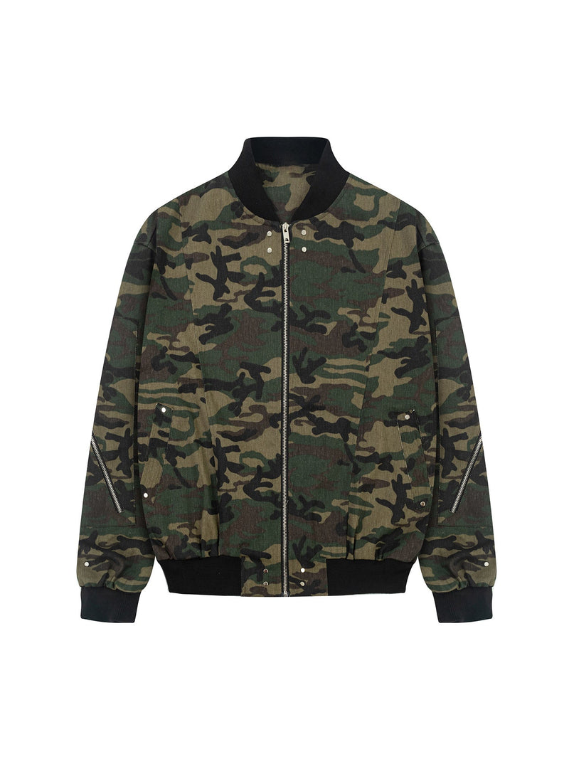 Cargo Camouflage Multi Zipper Bomber Jacket