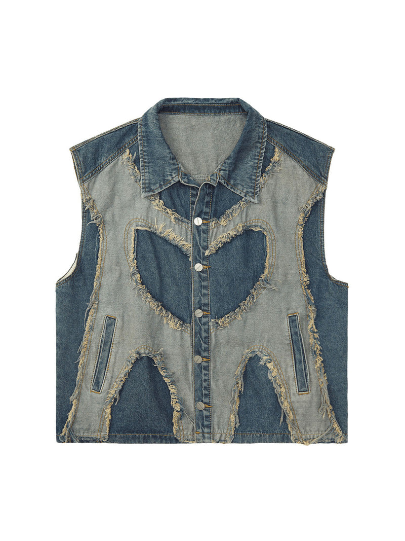 Contrast Denim Heart Stitching Street Rap Vest