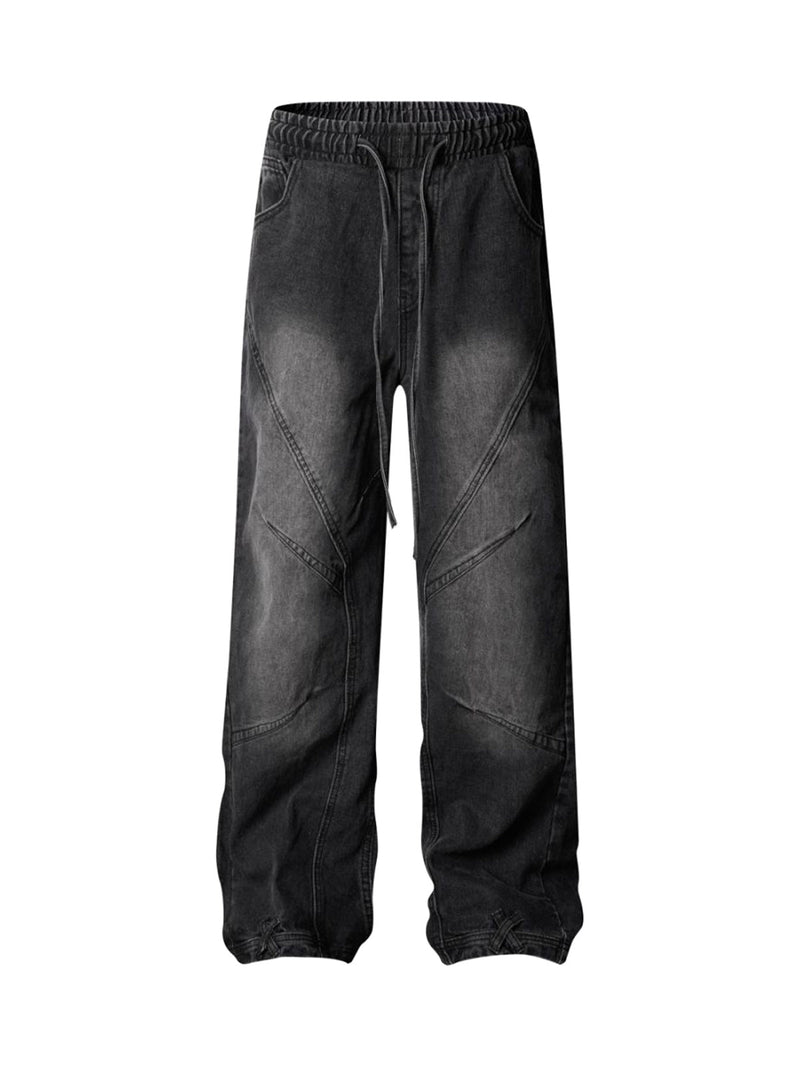 Washed Distressed Deconstructed Split Drawstring Jeans