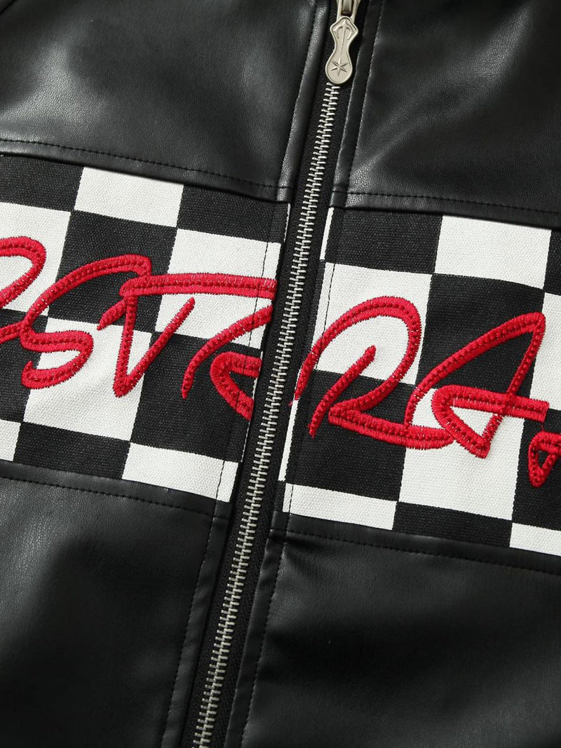 Plaid Stitching Motorcycle Leather Jacket