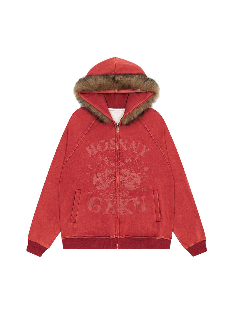 Washed Fur Collar Zip Up Hoodie