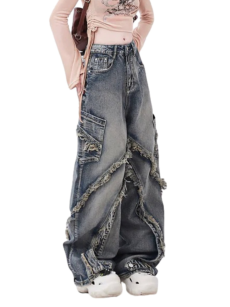 Washed Side Pocket Raw Edge Baggy Jeans