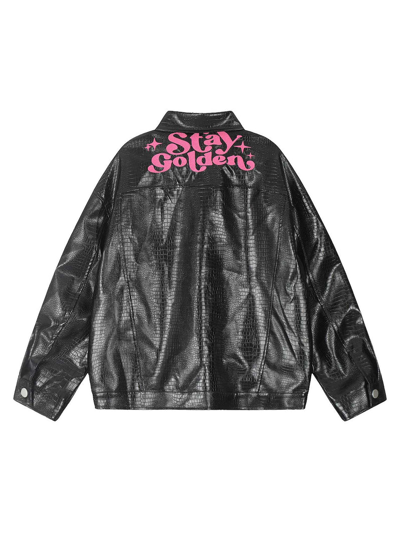 Star Embroidered PU Leather Jacket