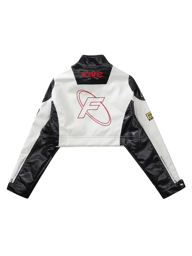 Badge Short PU Leather Racing Jacket