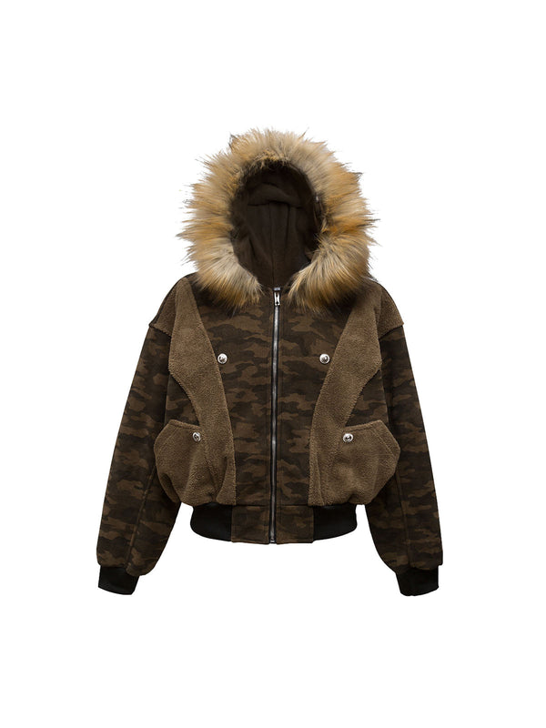 Camouflage Spliced Fur Hooded Fleece Jacket