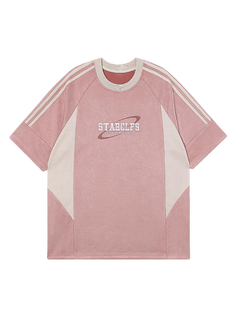 Suede Contrast Color Spliced Letter Embroidery Oversize T-shirt