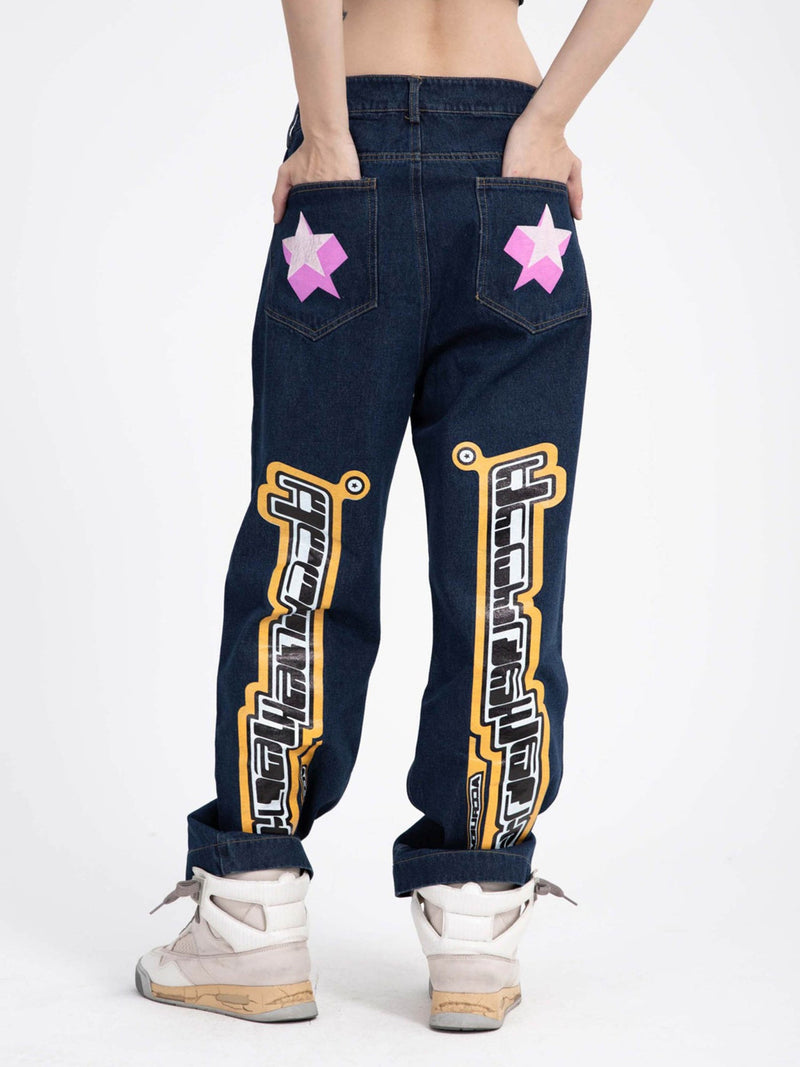 Star Letter Print Jeans