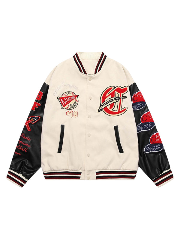 Patchwork PU Leather Embroidered Alphabet Baseball Jacket