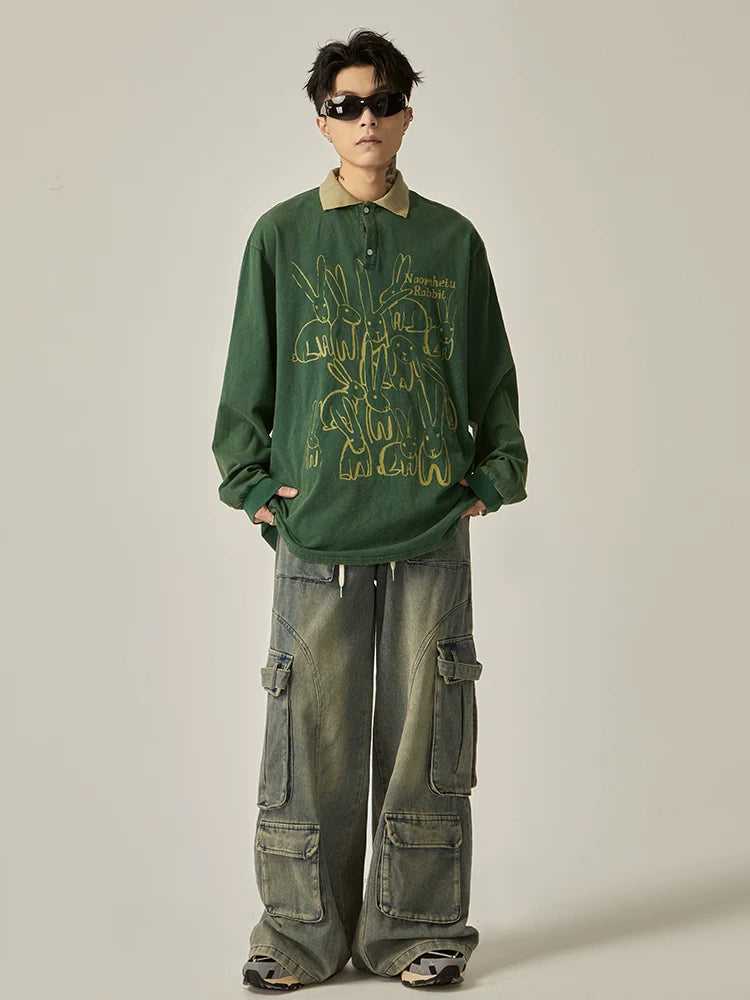 Oversized Washed Denim Cargo Pants