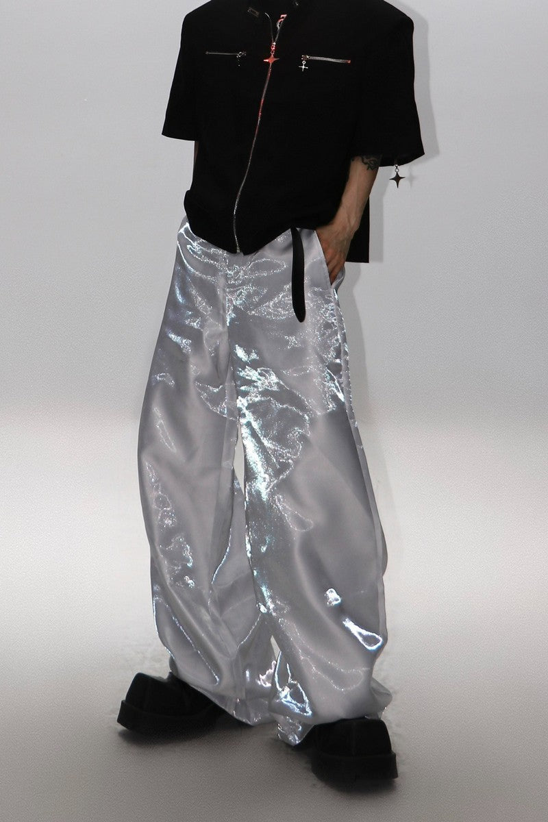 Metallic Reflective Relaxed Fit Pants - chiclara