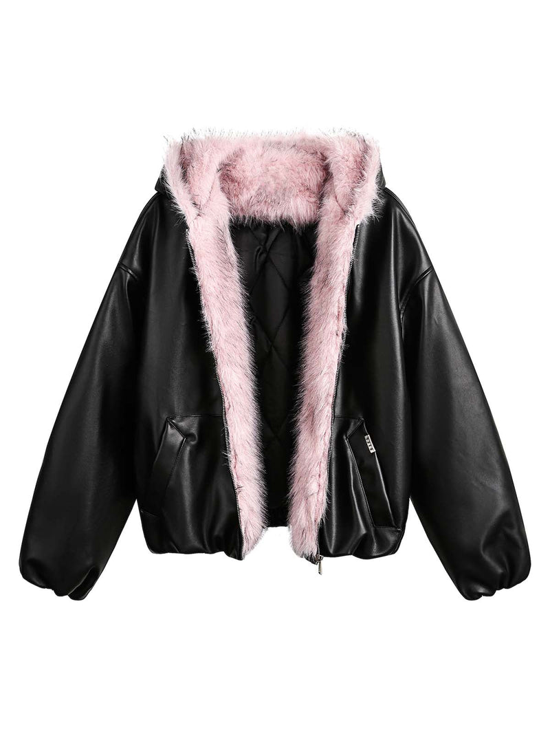 Leather Pink Fur Hooded Quilted Jacket