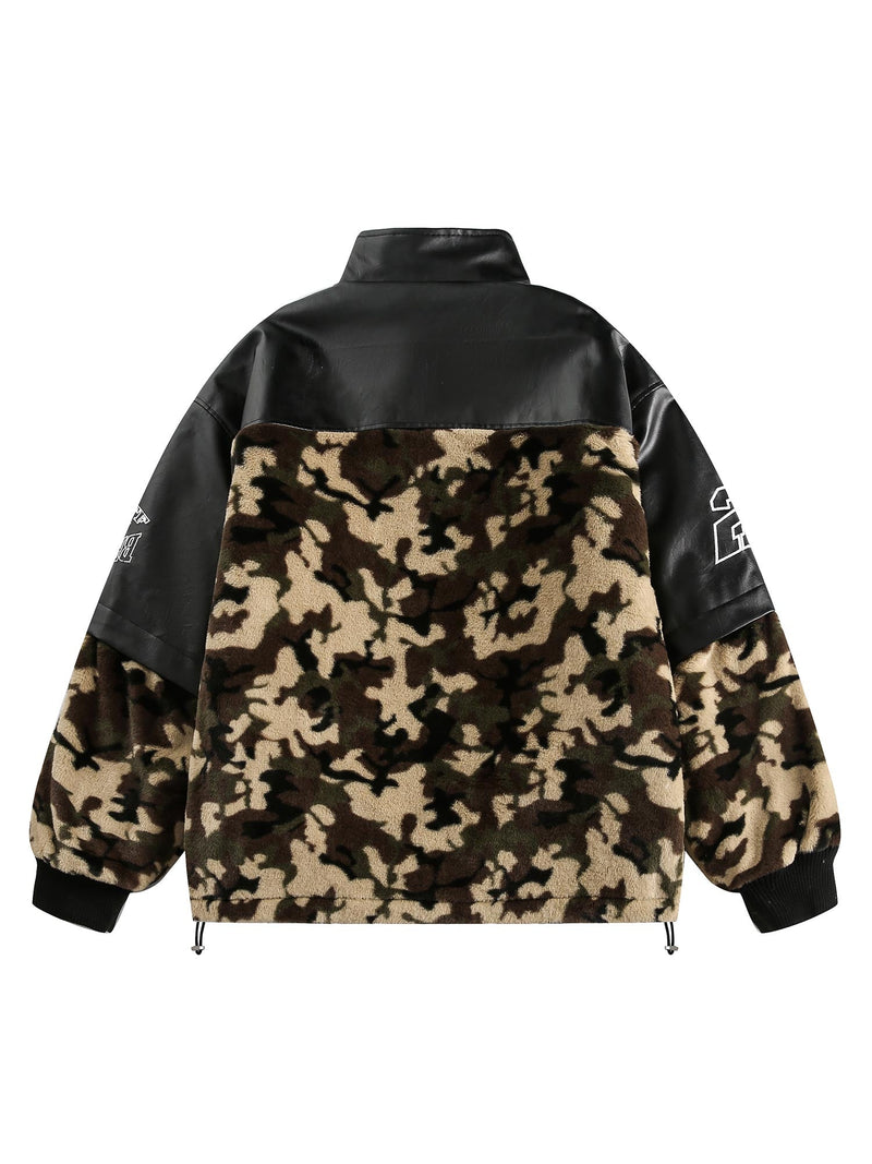 Camouflage Stitching PU Leather Quilted Jacket