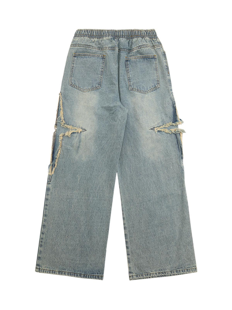 Drawstring Ripped Cross Star Jeans