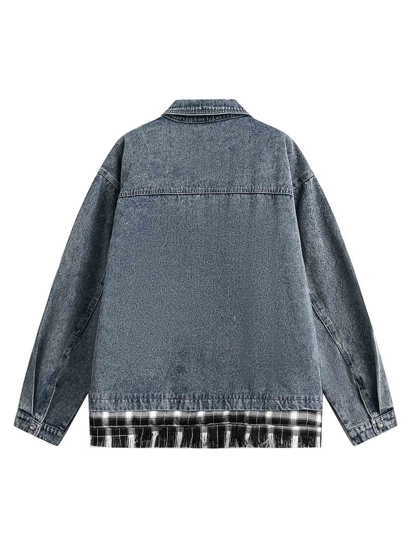 Washed Distressed Patchwork Faux Two-Piece Denim Jacket