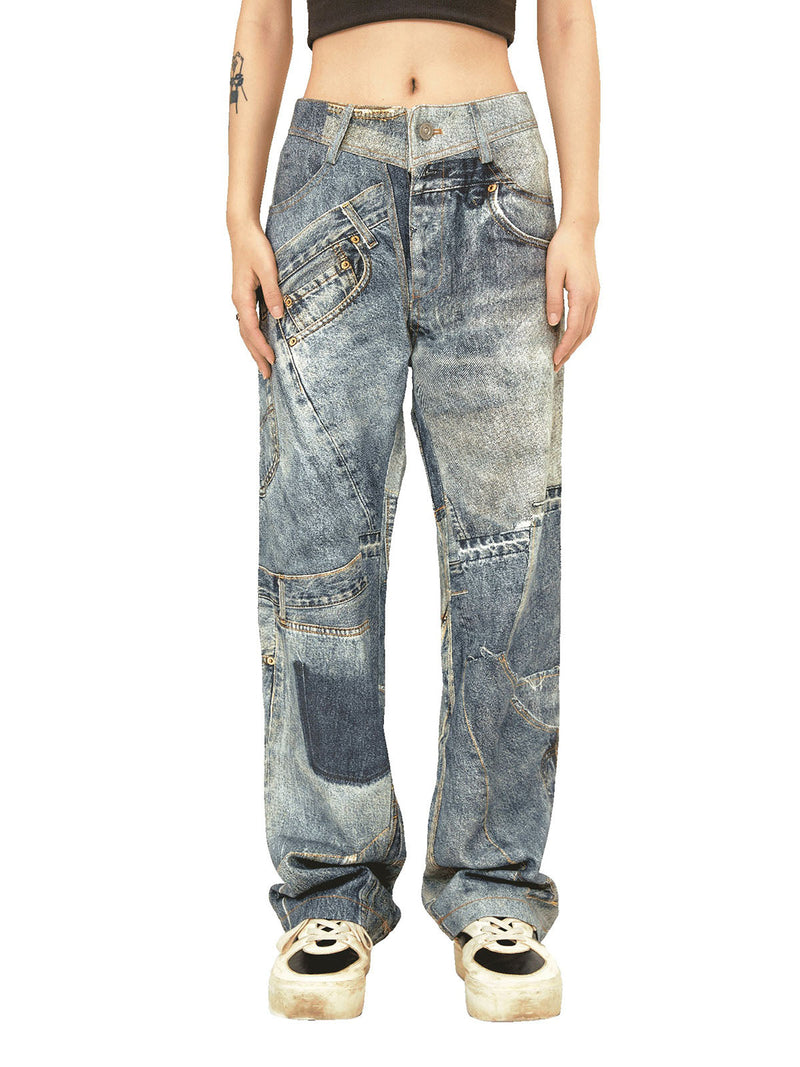 Street Hip-Hop Deconstructed Print Jeans