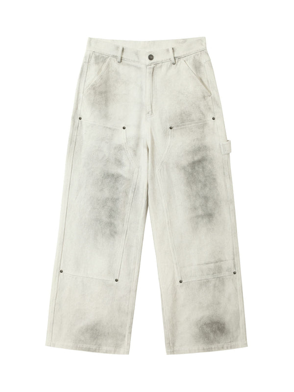 Washed Tie-Dyed  White Work Pants