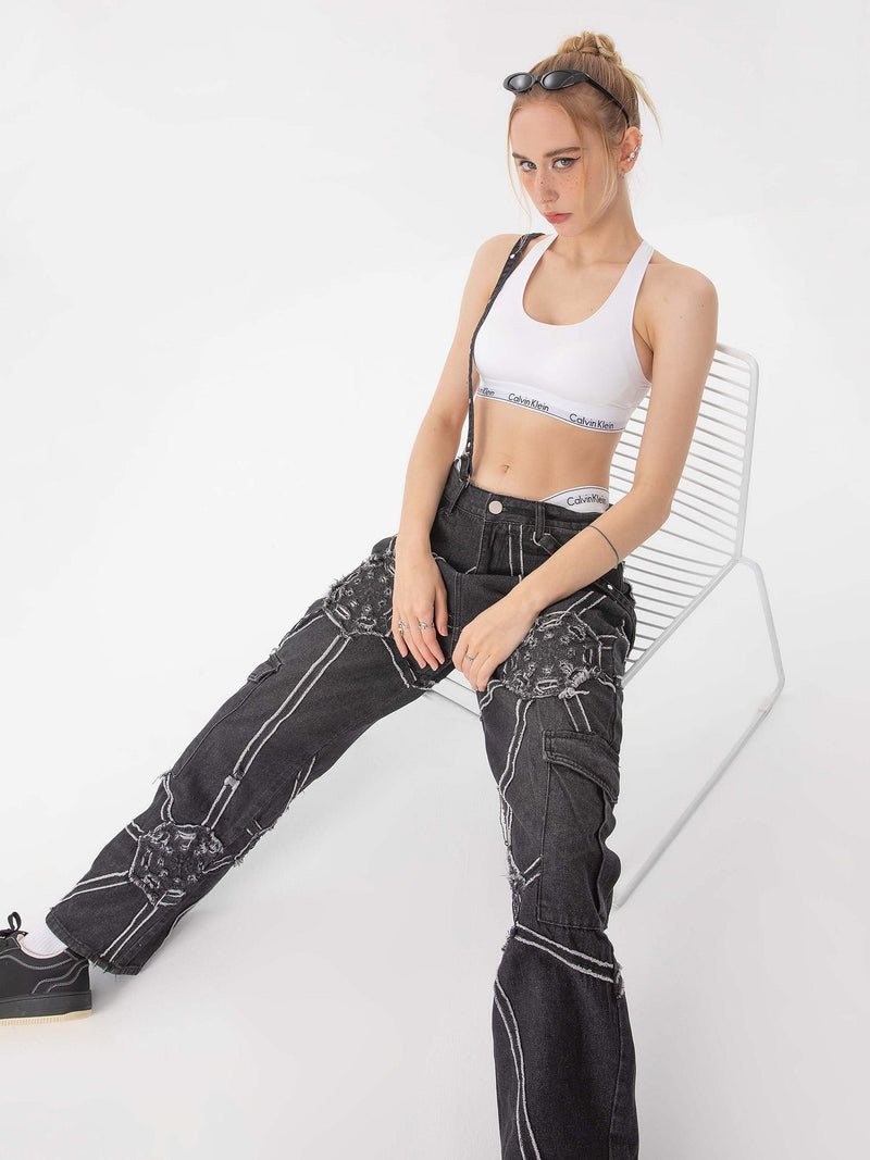 High Street Hip-Hop Spider Web Denim Pants