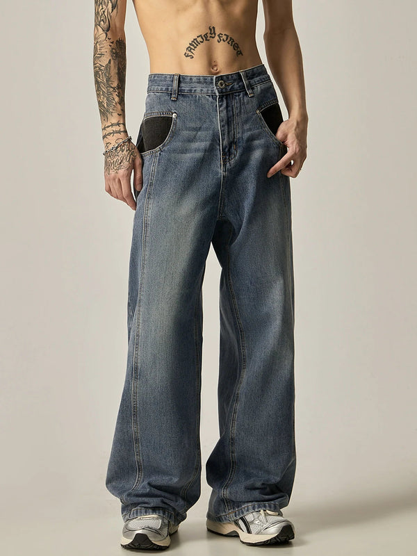 Vintage Contrast Pocket Wide-Leg Denim Jeans