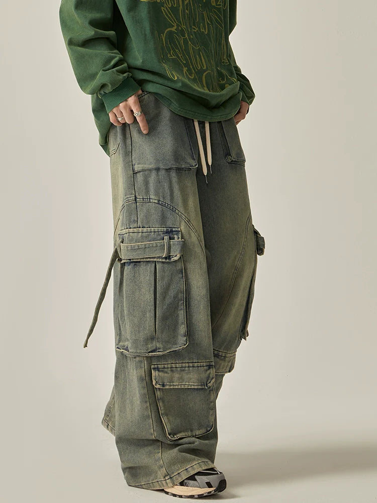 Oversized Washed Denim Cargo Pants