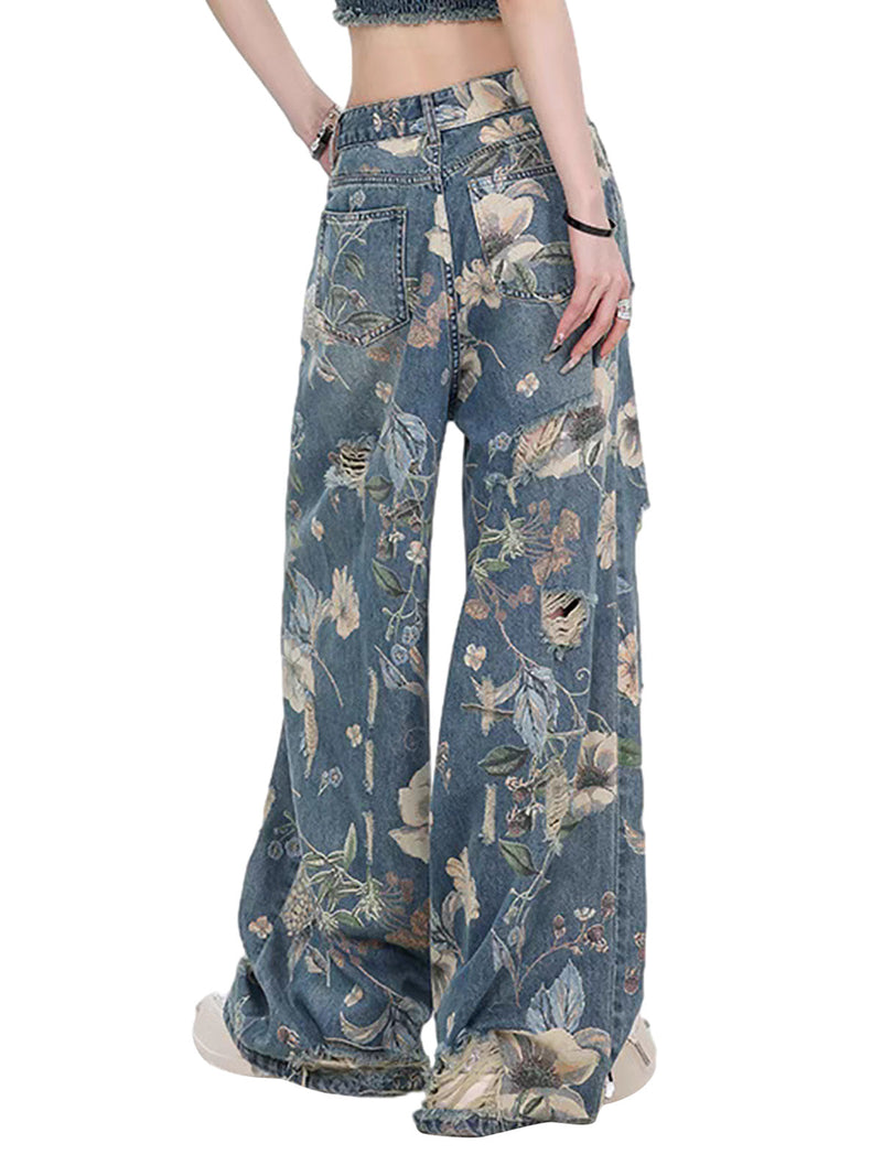 Vintage Washed Distressed Floral Ripped Baggy Jeans