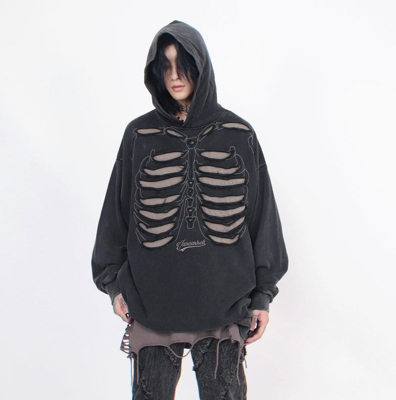 Distressed Skeleton Cutout Hoodie