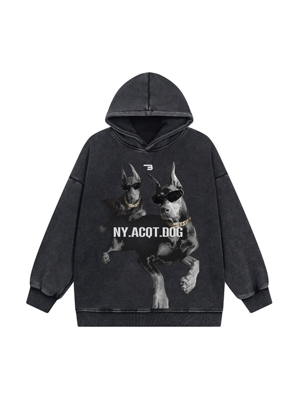 Washed Doberman Printed Pullover Hoodie