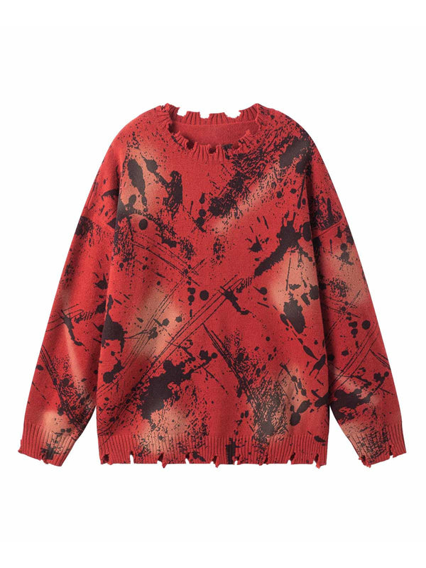 Retro Ink Splash Ripped Knit Sweater