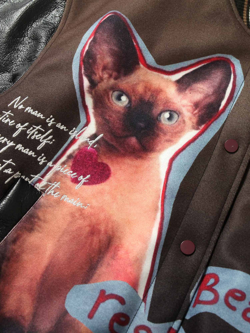 Siamese Cat Embroidery Leather Bomber Jacket