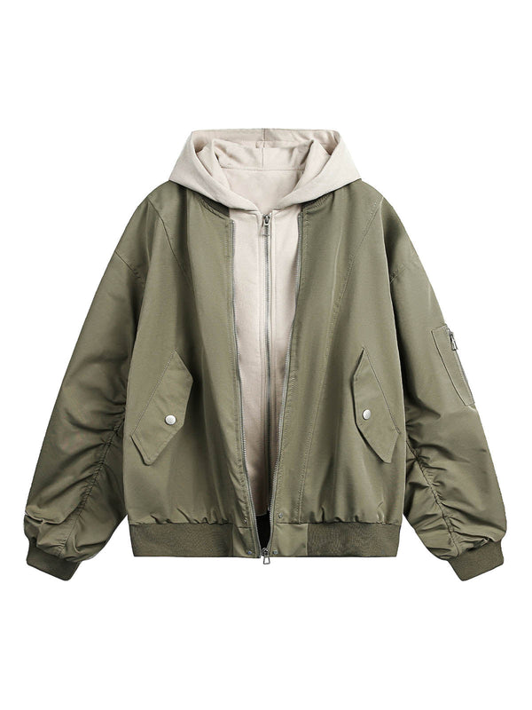 Faux Two-Piece Pleated Spliced Hooded Bomber Jacket