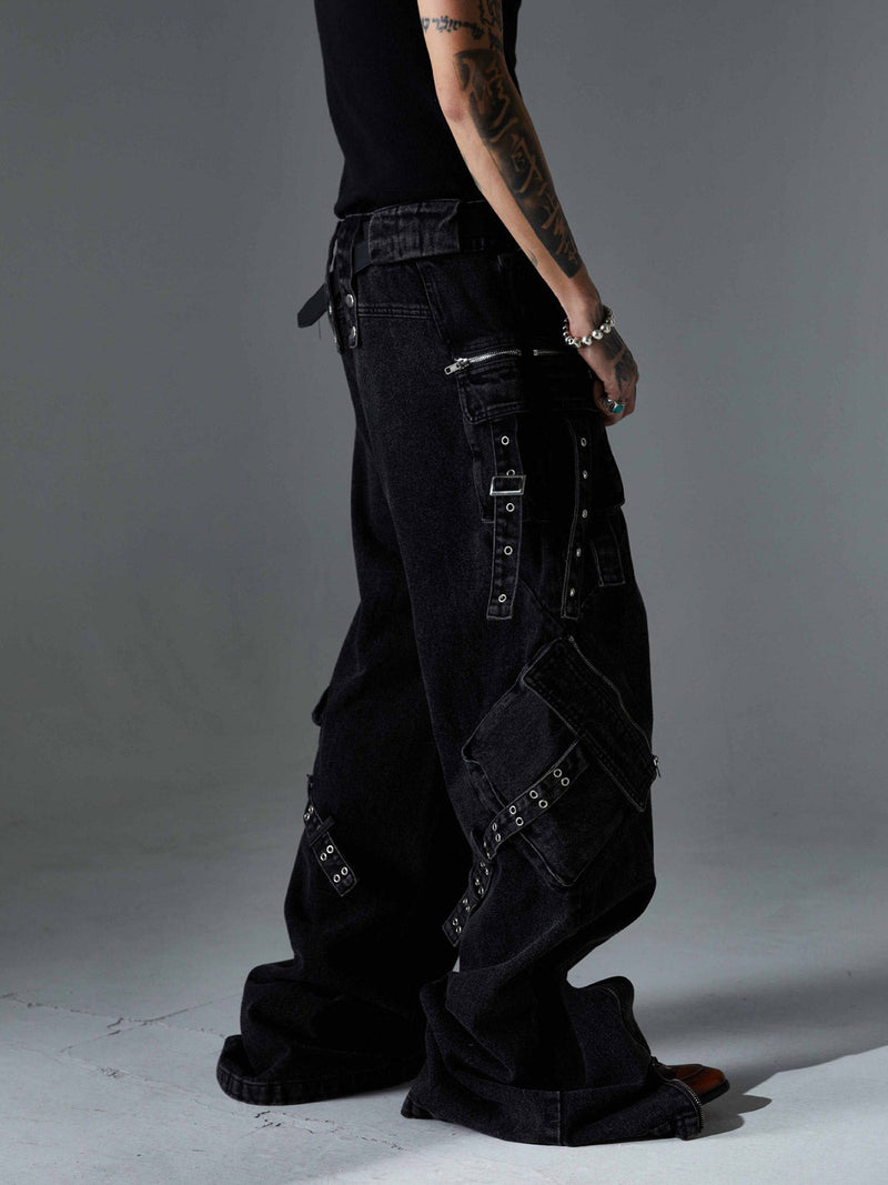 Multi-Pocket Exposed Zippers Baggy Jeans