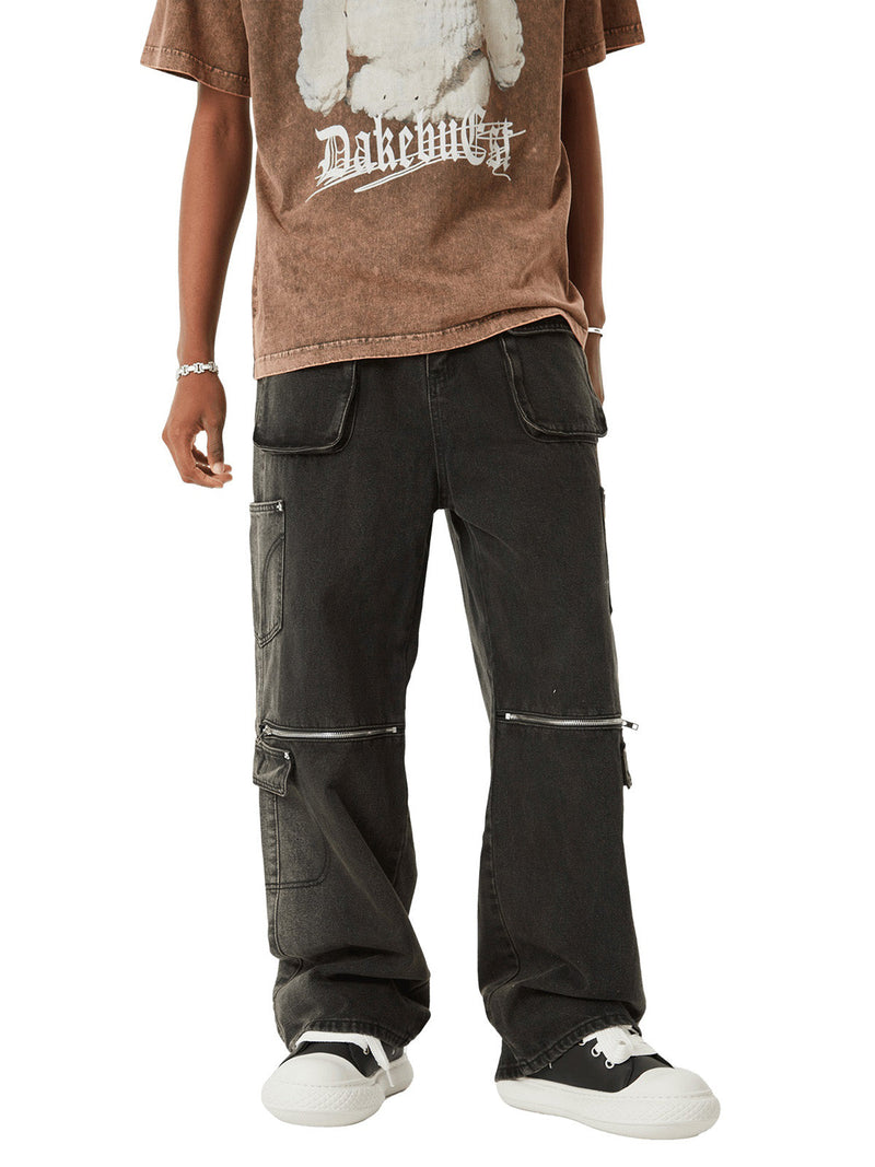 Multi-pocket Zipper Design Washed Hip-Hop Jeans