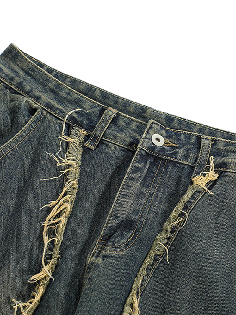 Distressed Patchwork Raw Edge Straight Jeans